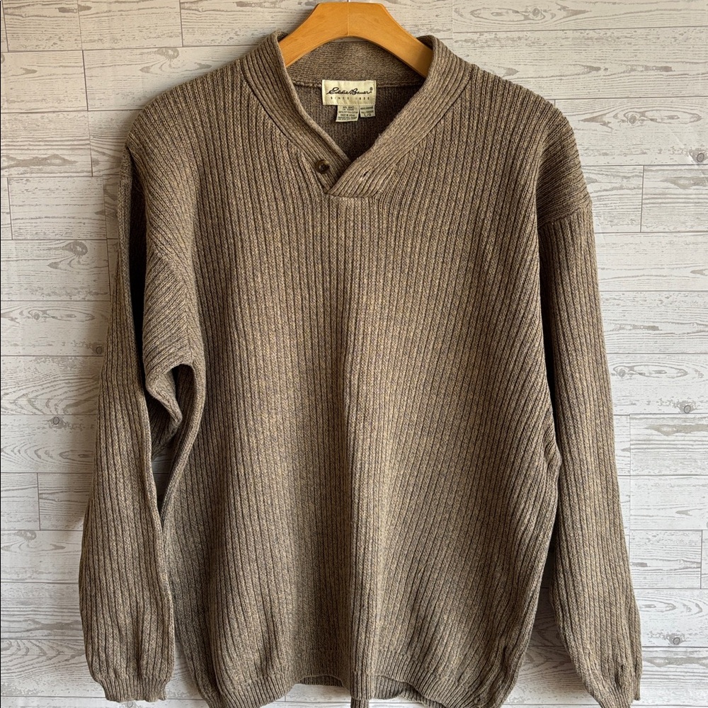 Eddie Bauer Mens Large Tall‎ Sweater Brown Ribbed Knit Cotton Henley Vintage
